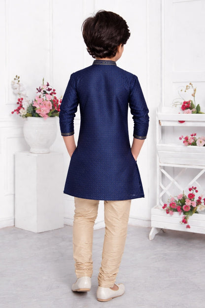 Jacquard Silk Brocade Pintux Work Kids Kurta Pajama In Blue Colour