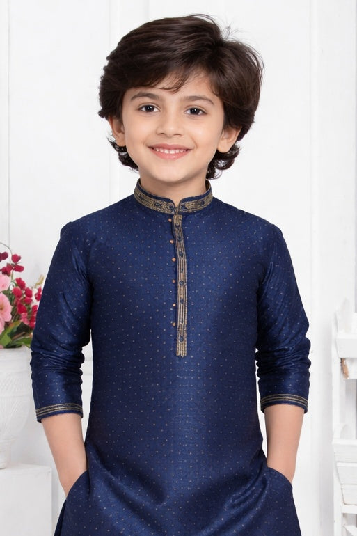 Jacquard Silk Brocade Pintux Work Kids Kurta Pajama In Blue Colour