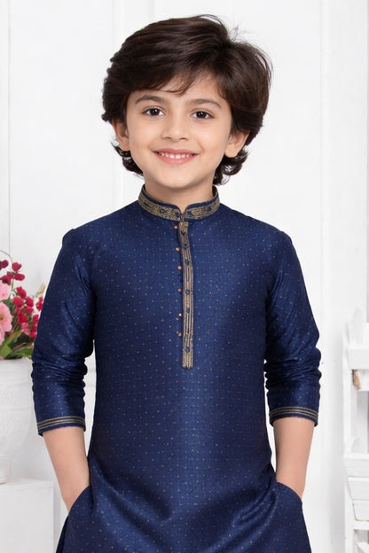 Jacquard Silk Brocade Pintux Work Kids Kurta Pajama In Blue Colour