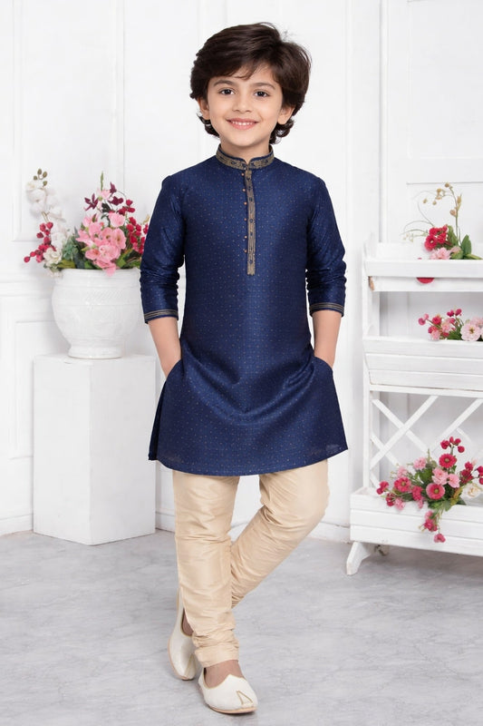 Jacquard Silk Brocade Pintux Work Kids Kurta Pajama In Blue Colour
