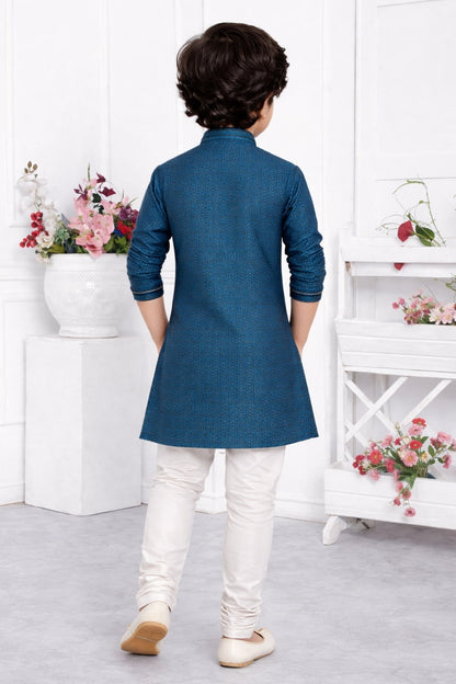 Jacquard Silk Brocade Pintux Work Kids Kurta Pajama In Blue Colour