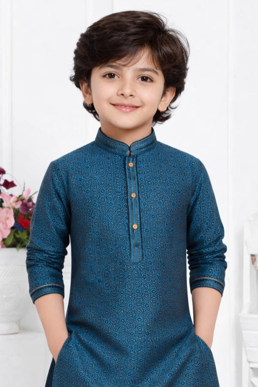 Jacquard Silk Brocade Pintux Work Kids Kurta Pajama In Blue Colour