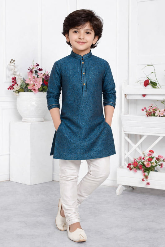 Jacquard Silk Brocade Pintux Work Kids Kurta Pajama In Blue Colour