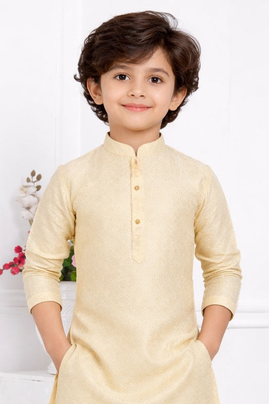Jacquard Silk Brocade Pintux Work Kids Kurta Pajama In Cream Colour