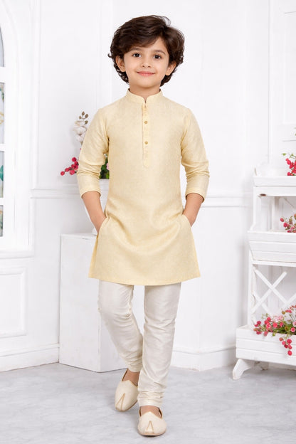 Jacquard Silk Brocade Pintux Work Kids Kurta Pajama In Cream Colour