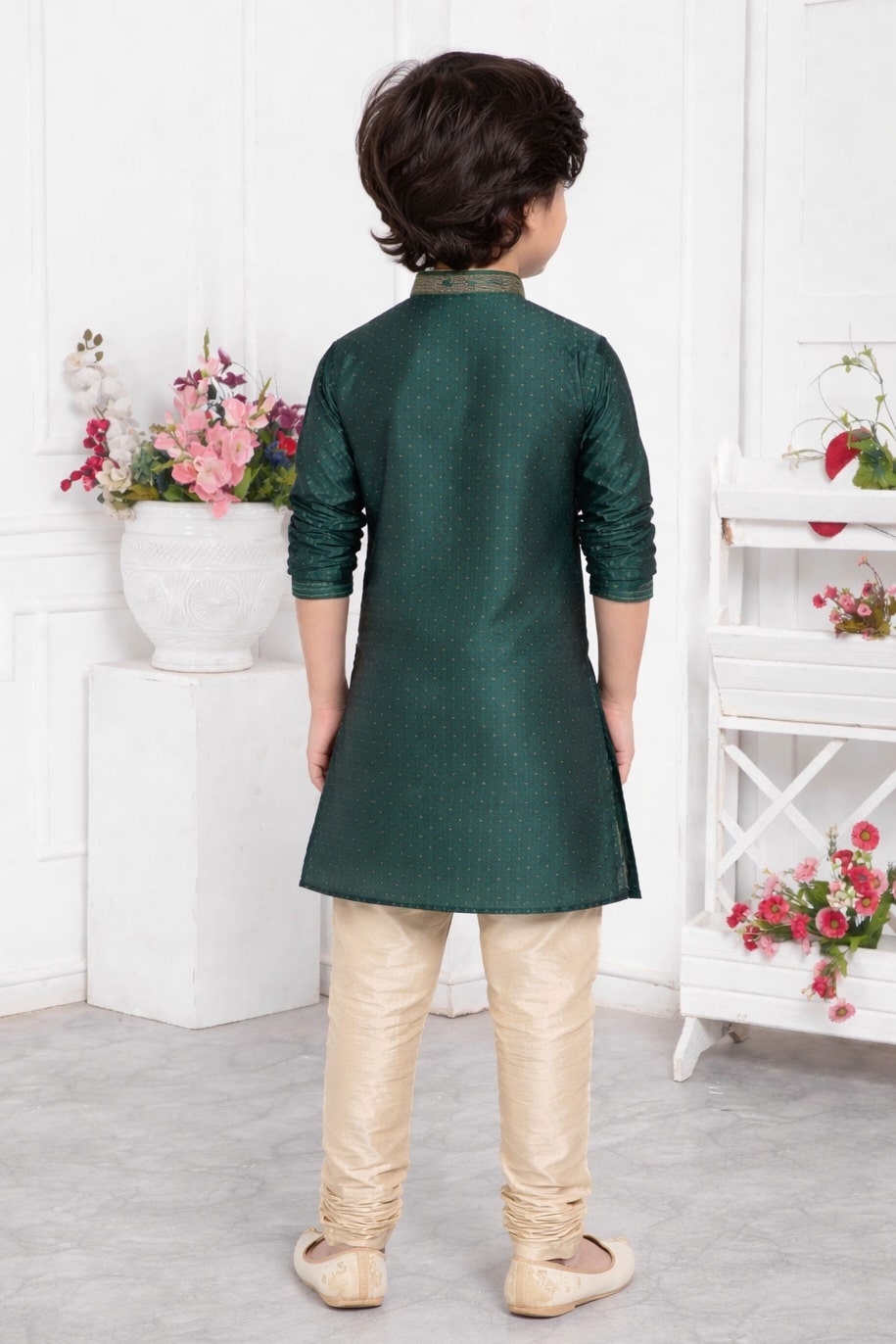 Jacquard Silk Brocade Pintux Work Kids Kurta Pajama In Green Colour