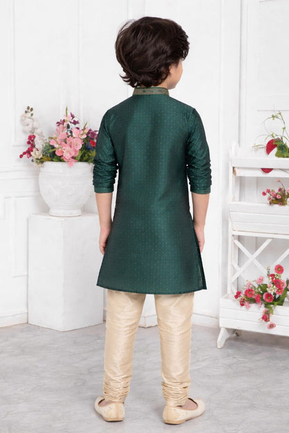 Jacquard Silk Brocade Pintux Work Kids Kurta Pajama In Green Colour