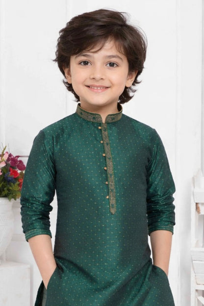 Jacquard Silk Brocade Pintux Work Kids Kurta Pajama In Green Colour