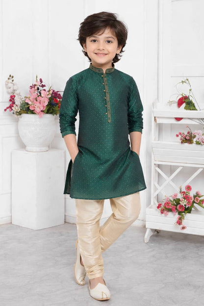 Jacquard Silk Brocade Pintux Work Kids Kurta Pajama In Green Colour