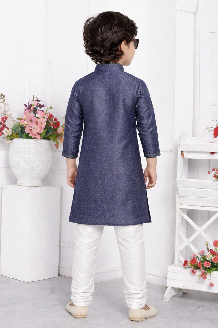 Jacquard Silk Brocade Pintux Work Kids Kurta Pajama In Grey Colour