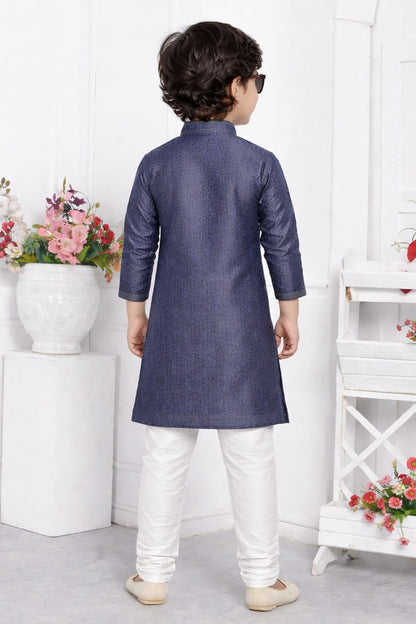 Jacquard Silk Brocade Pintux Work Kids Kurta Pajama In Grey Colour