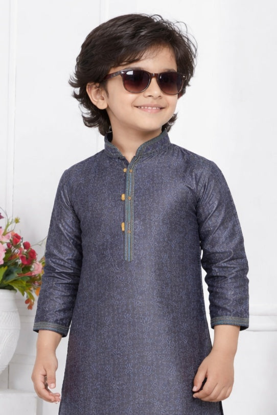 Jacquard Silk Brocade Pintux Work Kids Kurta Pajama In Grey Colour