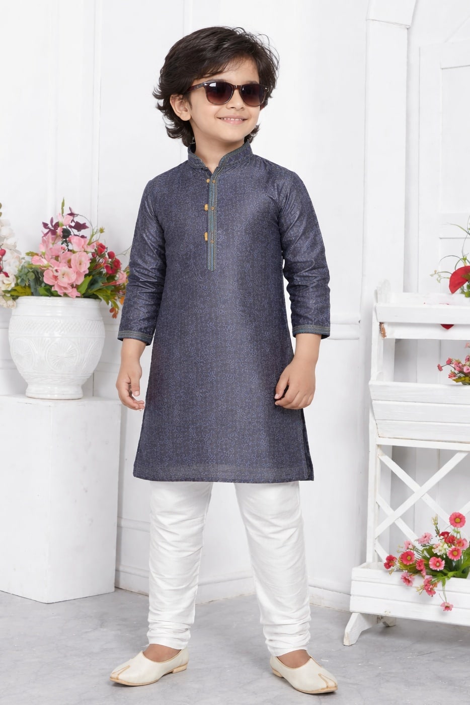 Jacquard Silk Brocade Pintux Work Kids Kurta Pajama In Grey Colour