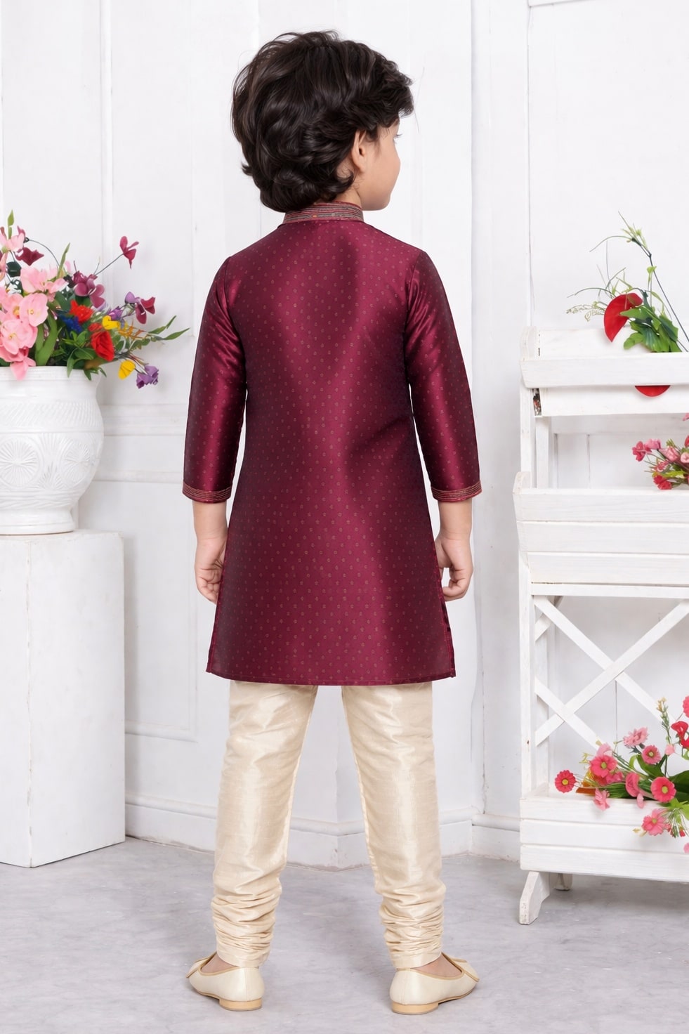 Jacquard Silk Brocade Pintux Work Kids Kurta Pajama In Magenta Colour
