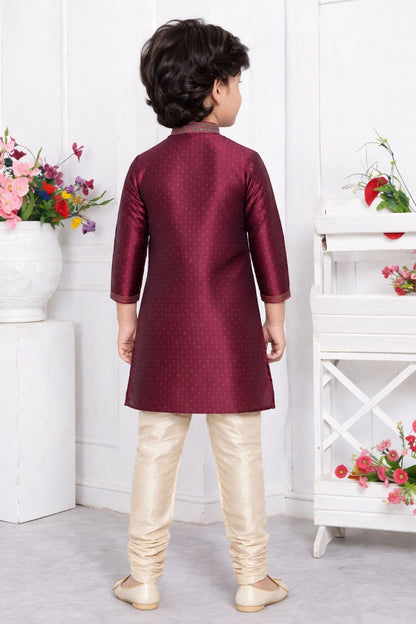 Jacquard Silk Brocade Pintux Work Kids Kurta Pajama In Magenta Colour