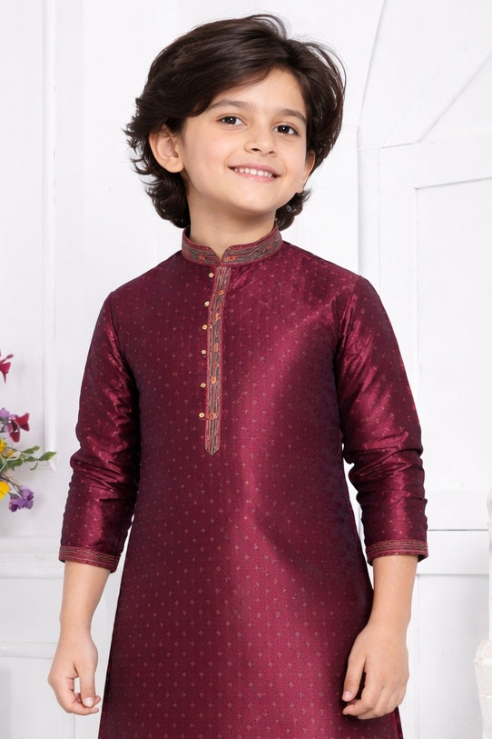 Jacquard Silk Brocade Pintux Work Kids Kurta Pajama In Magenta Colour