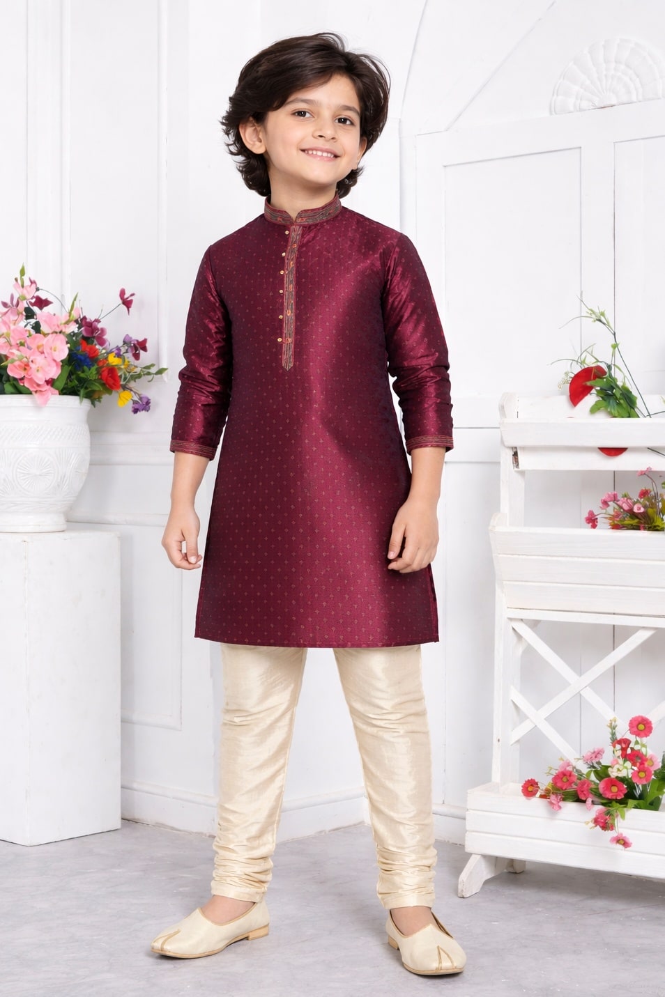 Jacquard Silk Brocade Pintux Work Kids Kurta Pajama In Magenta Colour