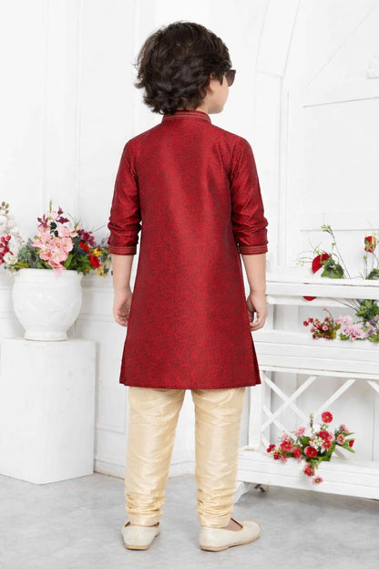 Jacquard Silk Brocade Pintux Work Kids Kurta Pajama In Maroon Colour