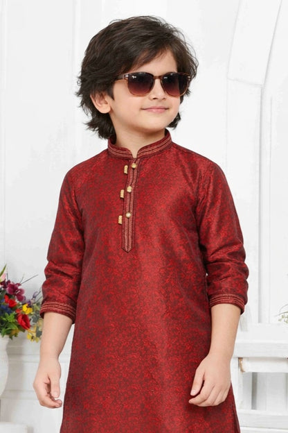 Jacquard Silk Brocade Pintux Work Kids Kurta Pajama In Maroon Colour