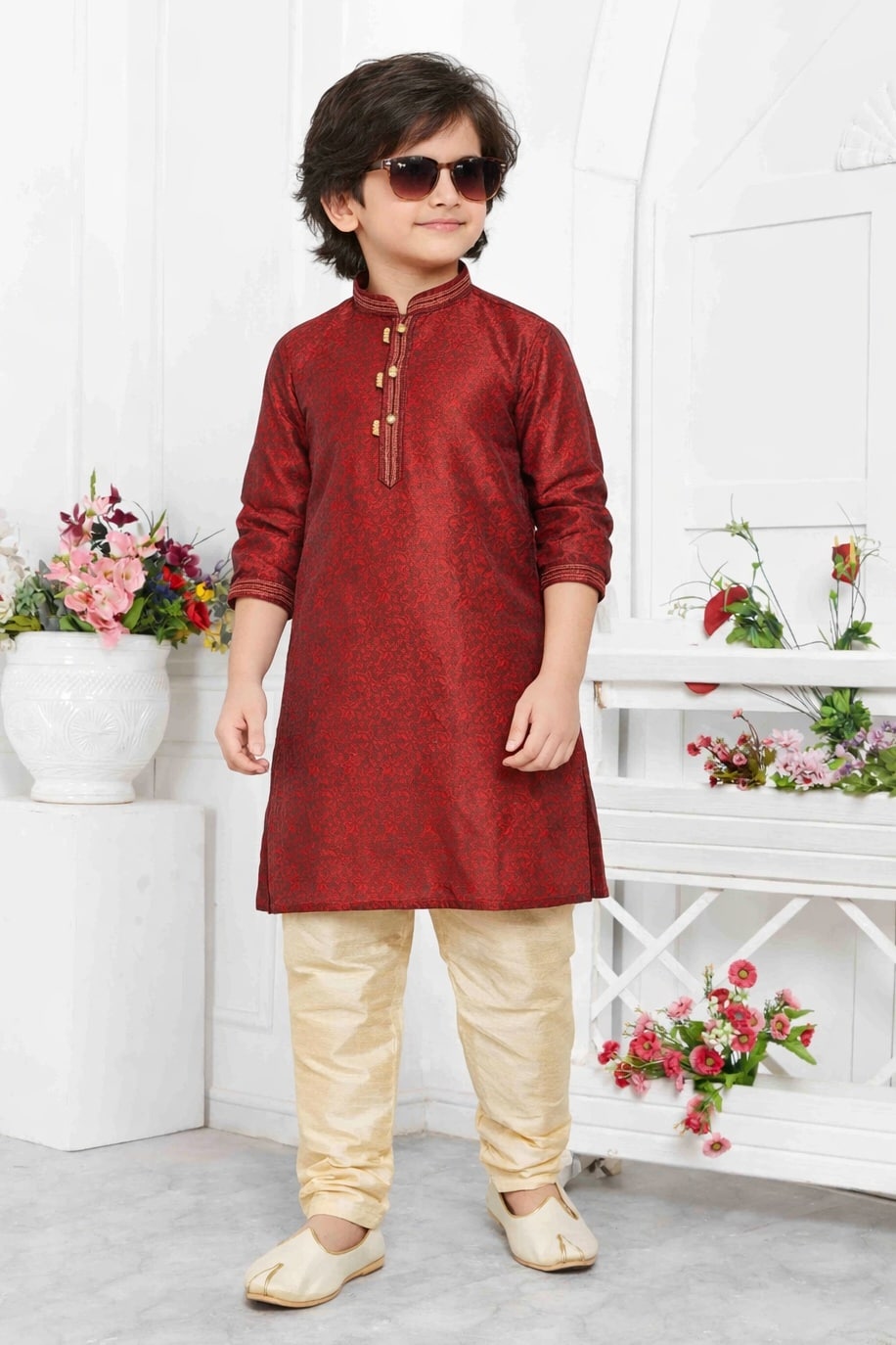 Jacquard Silk Brocade Pintux Work Kids Kurta Pajama In Maroon Colour