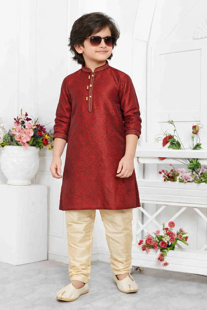 Jacquard Silk Brocade Pintux Work Kids Kurta Pajama In Maroon Colour