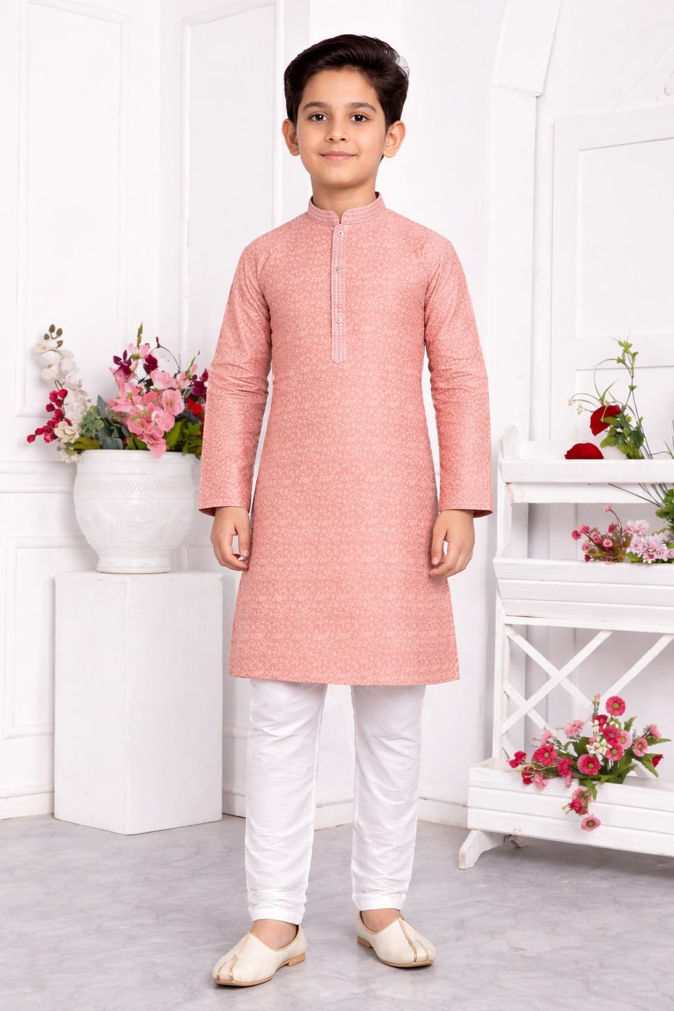Jacquard Silk Brocade Pintux Work Kids Kurta Pajama In Peach Colour
