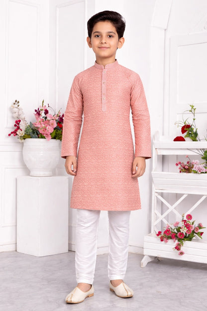 Jacquard Silk Brocade Pintux Work Kids Kurta Pajama In Peach Colour
