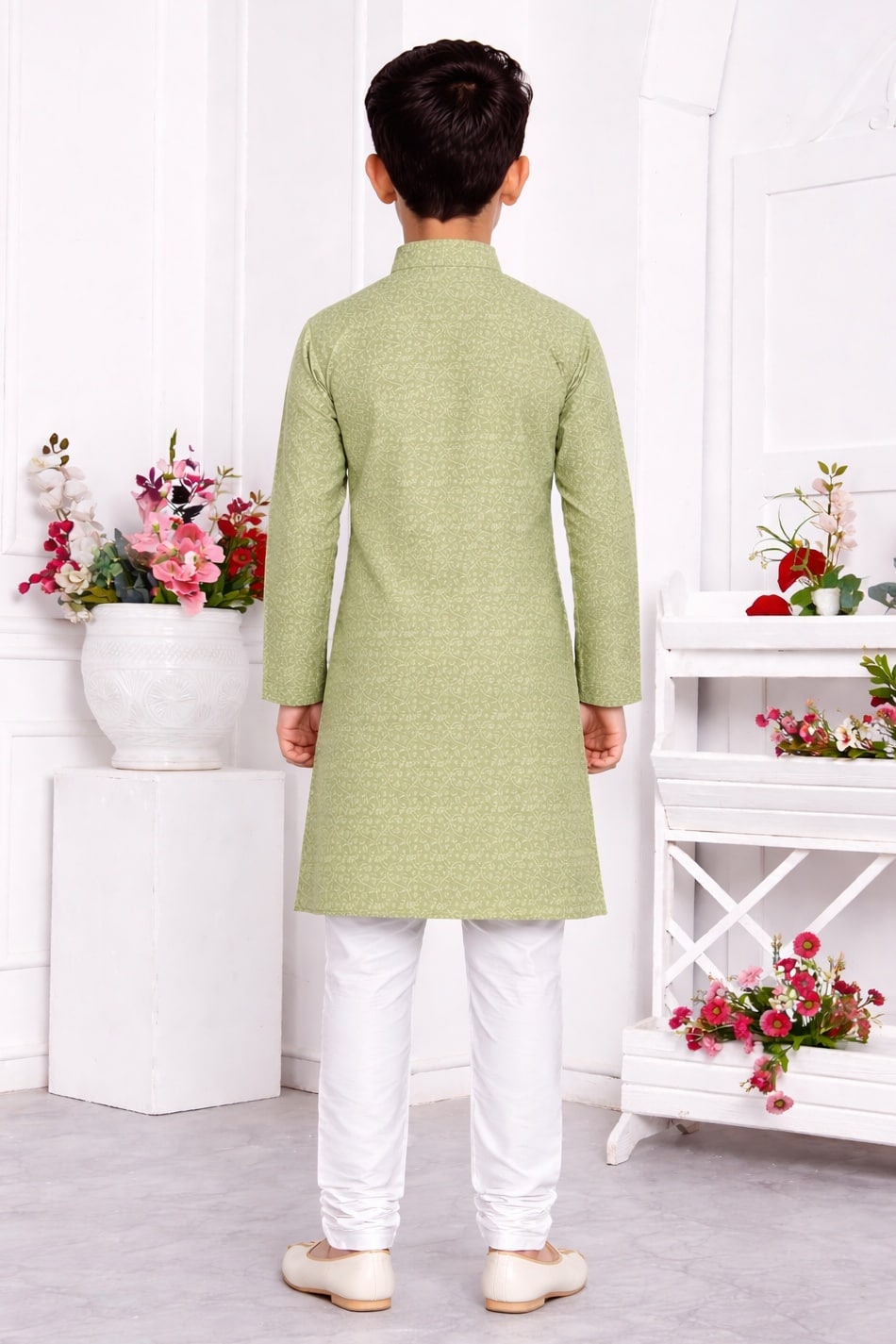 Jacquard Silk Brocade Pintux Work Kids Kurta Pajama In Pista Green Colour