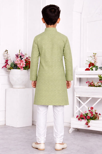Jacquard Silk Brocade Pintux Work Kids Kurta Pajama In Pista Green Colour