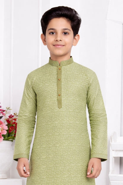 Jacquard Silk Brocade Pintux Work Kids Kurta Pajama In Pista Green Colour