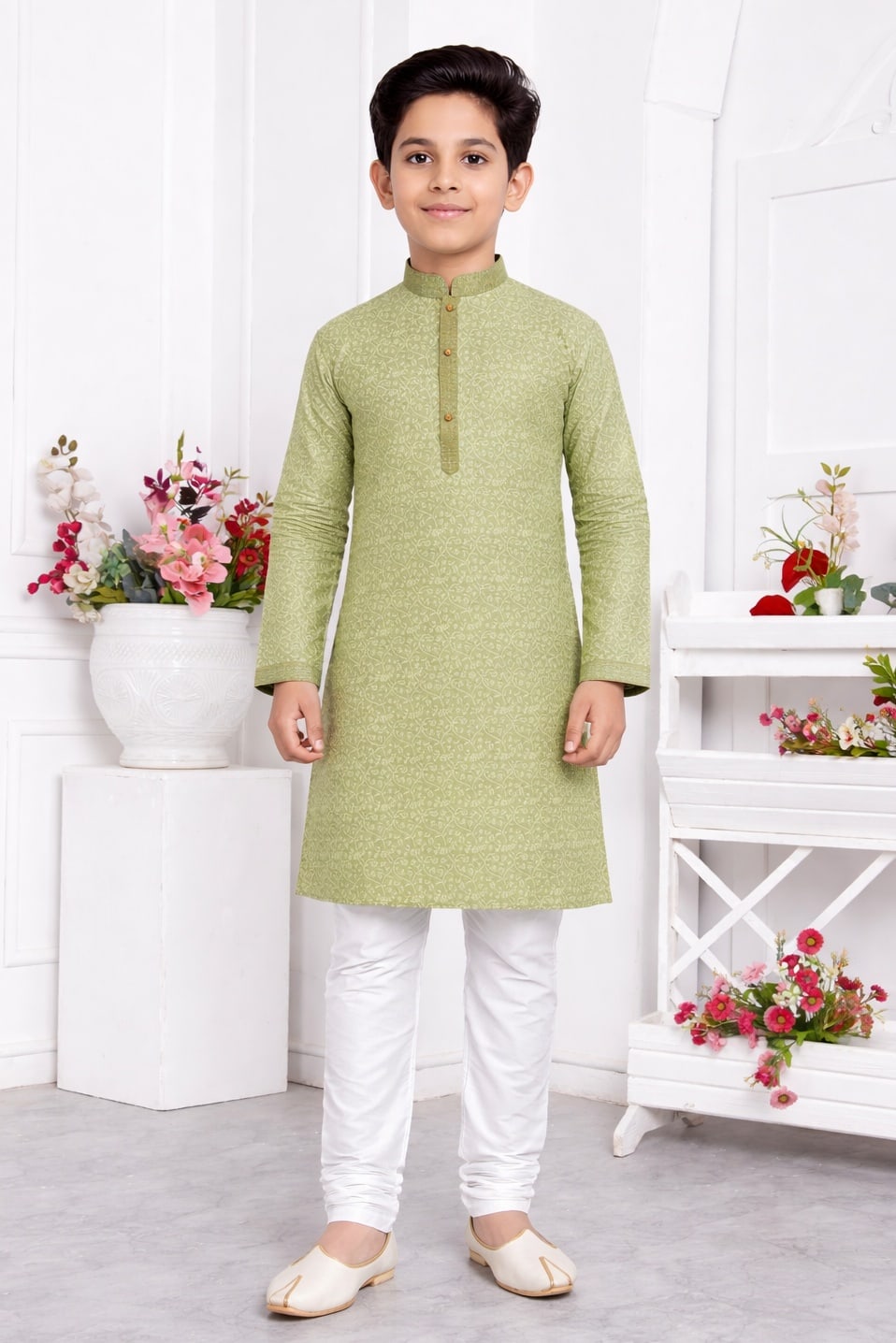 Jacquard Silk Brocade Pintux Work Kids Kurta Pajama In Pista Green Colour