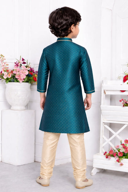 Jacquard Silk Brocade Pintux Work Kids Kurta Pajama In Teal Green Colour