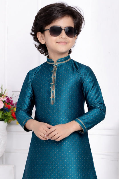 Jacquard Silk Brocade Pintux Work Kids Kurta Pajama In Teal Green Colour