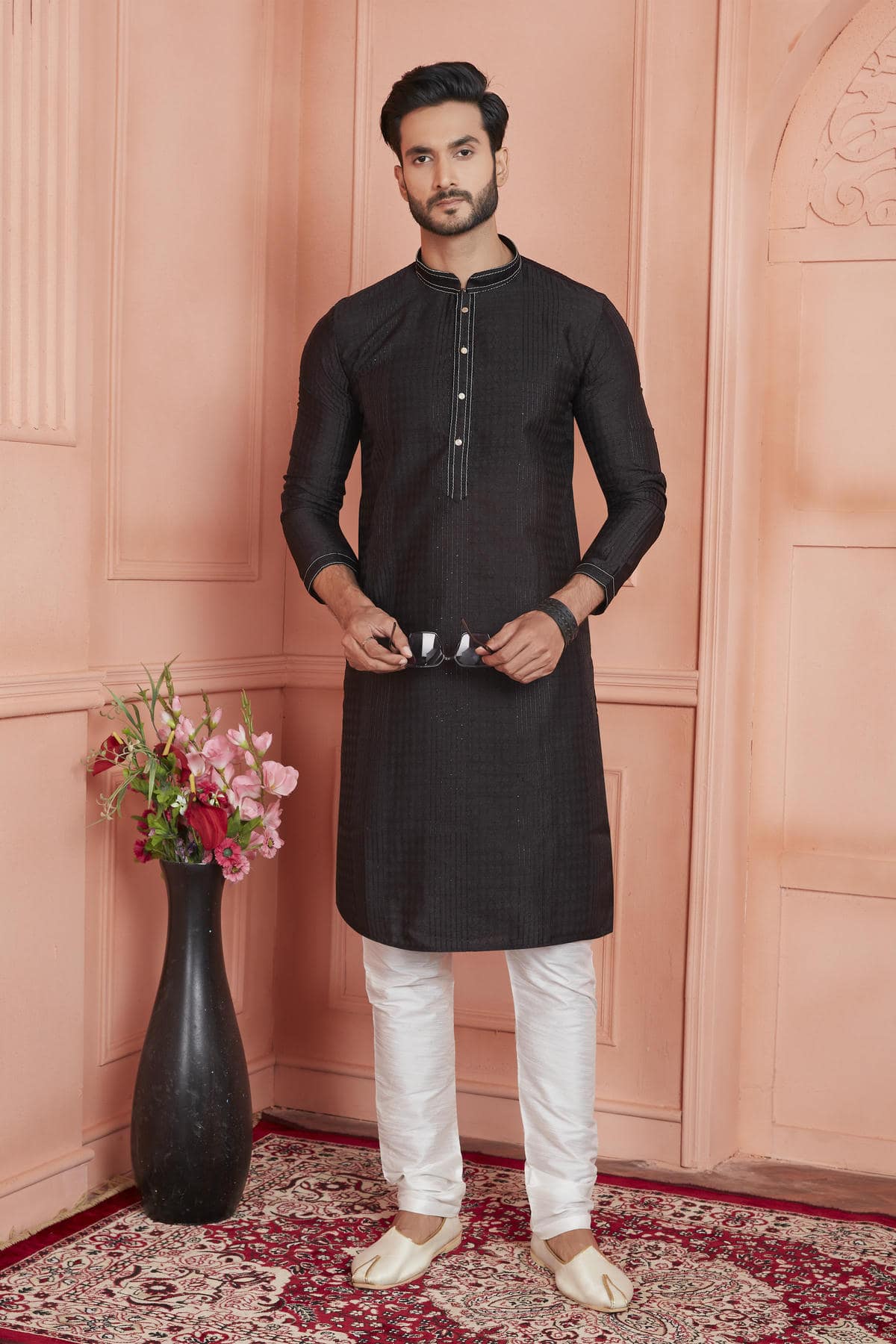 Jacquard Silk Brocade Pintux Work Kurta Pajama In Black Colour KP1230537 1