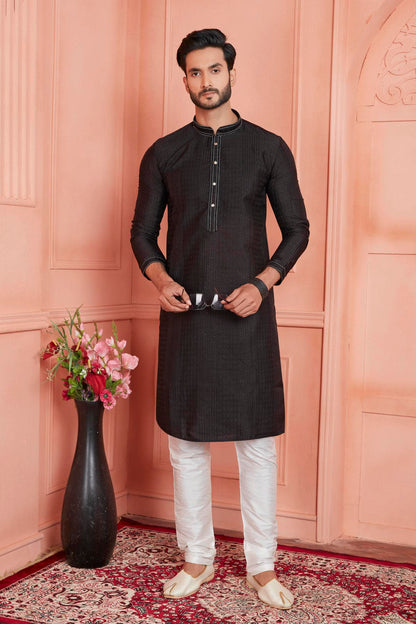 Jacquard Silk Brocade Pintux Work Kurta Pajama In Black Colour KP1230537 1