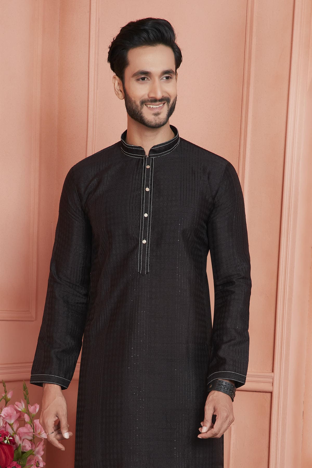 Jacquard Silk Brocade Pintux Work Kurta Pajama In Black Colour KP1230537 2