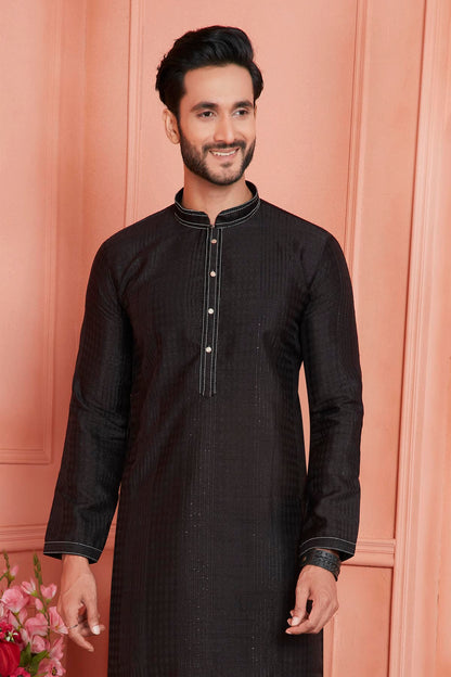 Jacquard Silk Brocade Pintux Work Kurta Pajama In Black Colour KP1230537 2