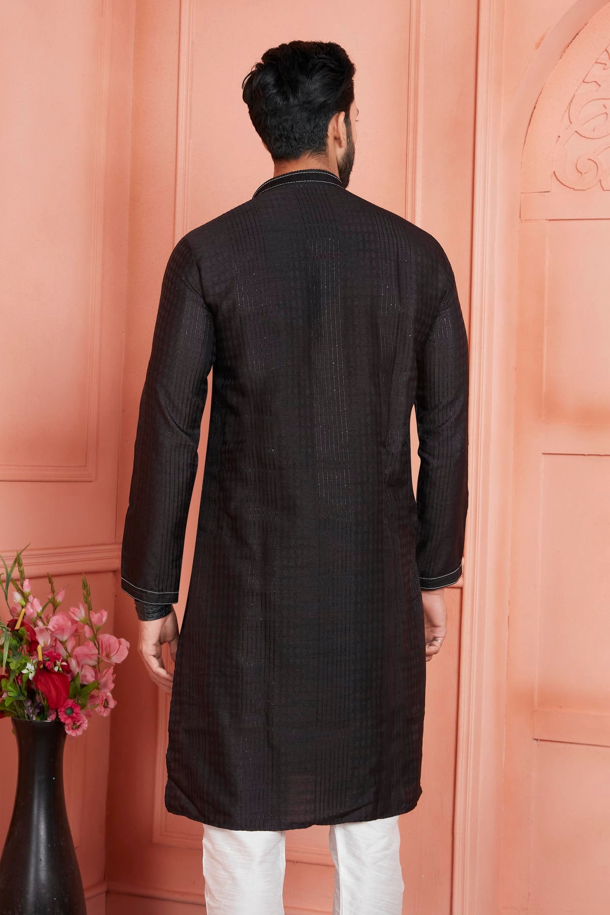 Jacquard Silk Brocade Pintux Work Kurta Pajama In Black Colour KP1230537 3