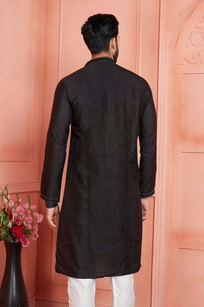 Jacquard Silk Brocade Pintux Work Kurta Pajama In Black Colour KP1230537 3