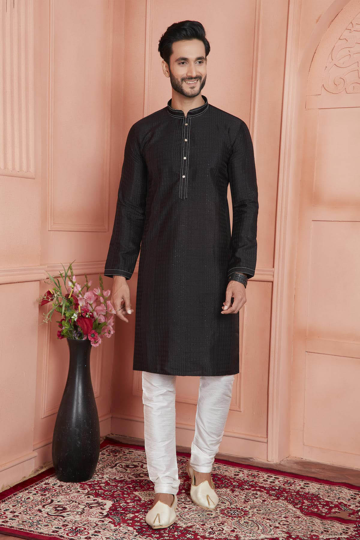 Jacquard Silk Brocade Pintux Work Kurta Pajama In Black Colour KP1230537