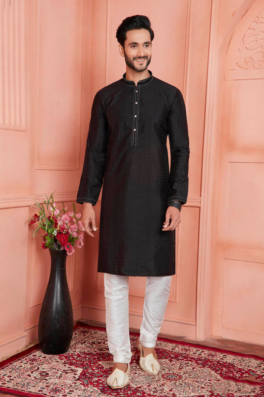 Jacquard Silk Brocade Pintux Work Kurta Pajama In Black Colour KP1230537