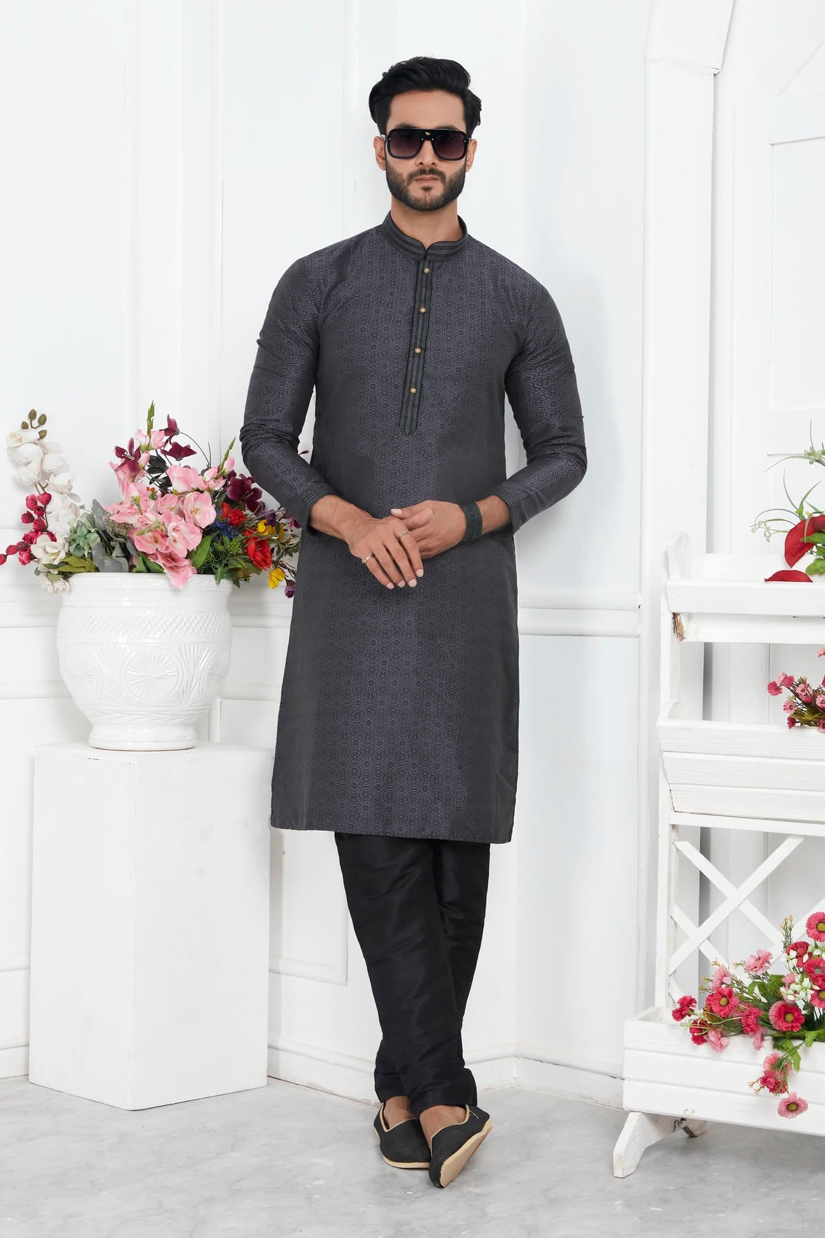 Jacquard Silk Brocade Pintux Work Kurta Pajama In Black Colour KP1230554 1