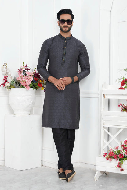 Jacquard Silk Brocade Pintux Work Kurta Pajama In Black Colour KP1230554 1