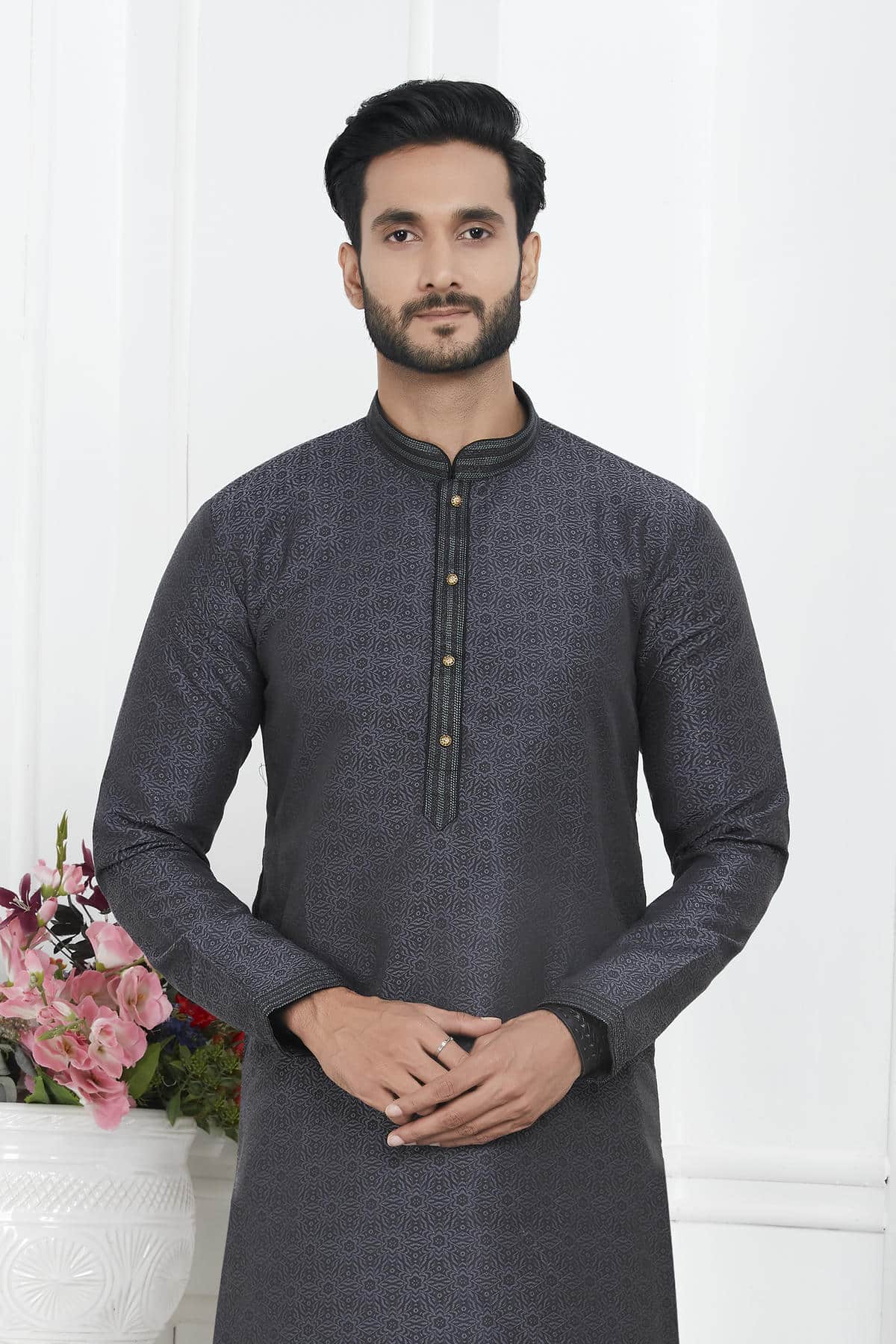 Jacquard Silk Brocade Pintux Work Kurta Pajama In Black Colour KP1230554 2