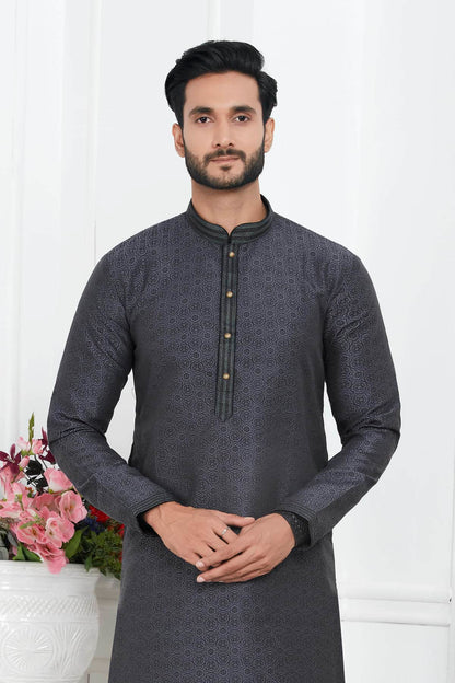 Jacquard Silk Brocade Pintux Work Kurta Pajama In Black Colour KP1230554 2