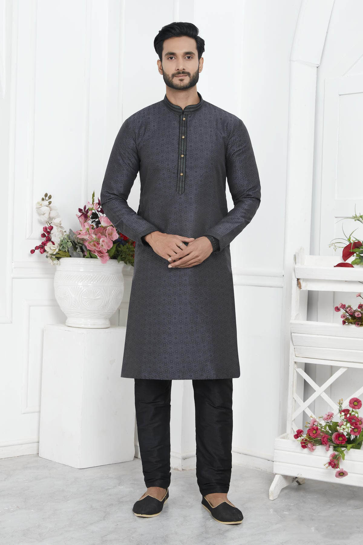 Jacquard Silk Brocade Pintux Work Kurta Pajama In Black Colour KP1230554