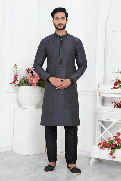 Jacquard Silk Brocade Pintux Work Kurta Pajama In Black Colour KP1230554