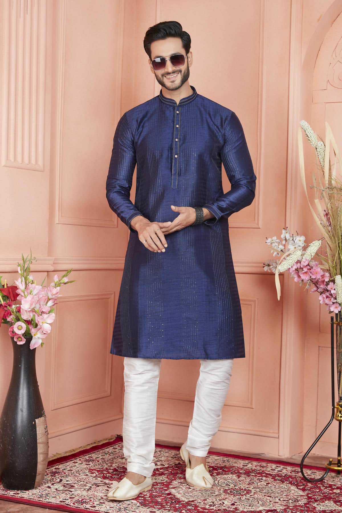 Jacquard Silk Brocade Pintux Work Kurta Pajama In Blue Colour KP1230536 1