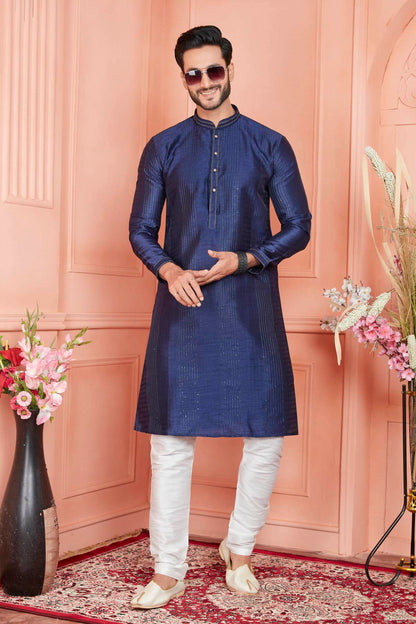 Jacquard Silk Brocade Pintux Work Kurta Pajama In Blue Colour KP1230536 1