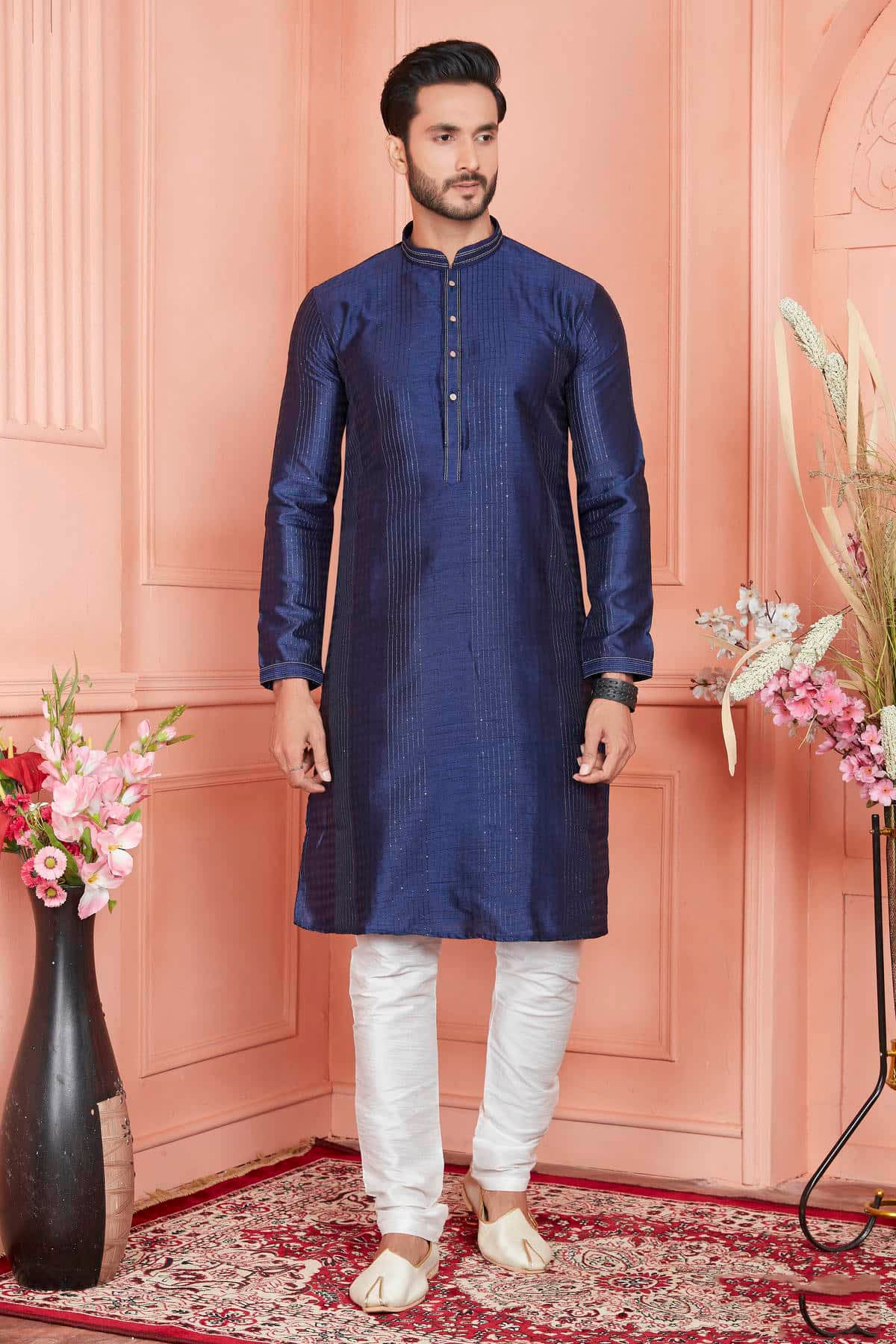 Jacquard Silk Brocade Pintux Work Kurta Pajama In Blue Colour KP1230536